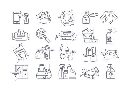 Large set of black and white sanitising iconsのイラスト素材