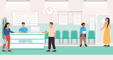 Patients at a hospital reception deskのイラスト素材