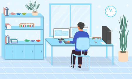 Man doing online research working at computersのイラスト素材