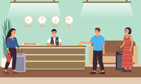 Reception desk at a hotel with touristsのイラスト素材