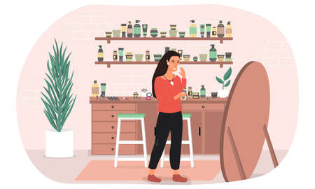 Girl removing makeup standing in front of a mirrorのイラスト素材
