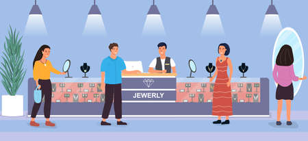 Customers looking at jewellery on sale in a storeのイラスト素材