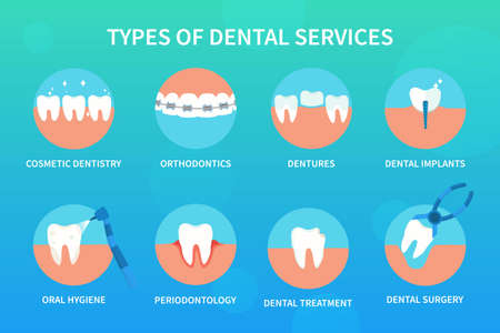 Set of eight badges or icons for dental services