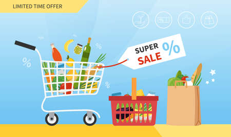 Grocery Sale concept with trolley full of foodのイラスト素材