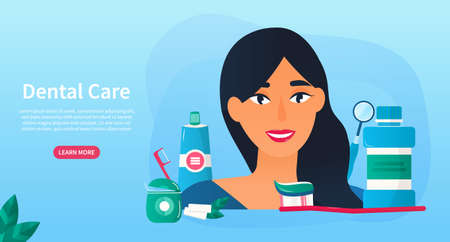 Young woman with Dental Care productsのイラスト素材