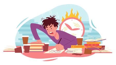 Angry frustrated student working to a deadlineのイラスト素材