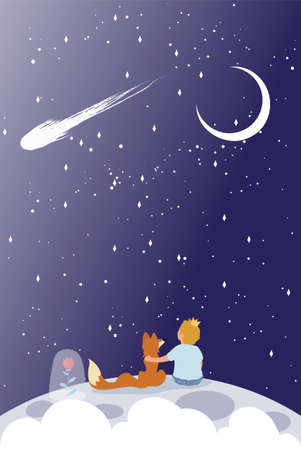 Little Prince with red fox sitting on a planetのイラスト素材