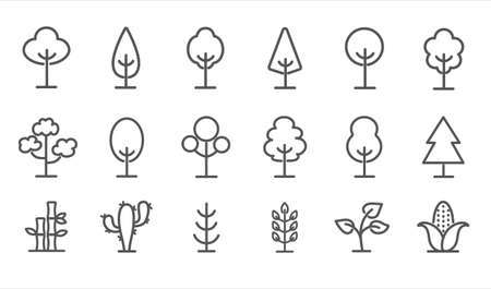 Set of black and white tree and plant iconsのイラスト素材