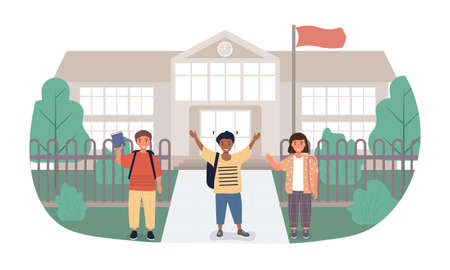 Three young kids waving in front of a schoolのイラスト素材