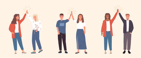 Cheerful friends and colleagues doing high fivesのイラスト素材