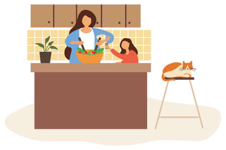 Daughter helping her Mom to cook dinnerのイラスト素材