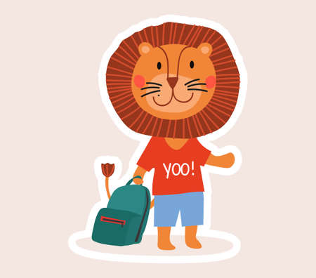 Cute little cartoon lion student with school bagのイラスト素材
