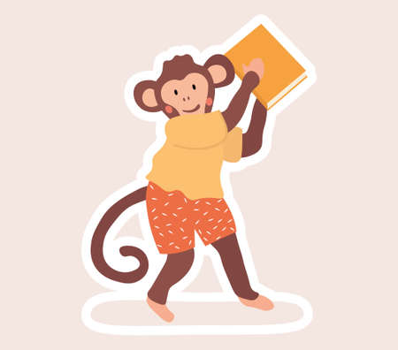 Mischievous monkey student holding up a bookのイラスト素材