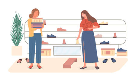 Woman shopping in a shoe boutiqueのイラスト素材