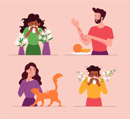 Set of allergy concepts to pollen, food and catsのイラスト素材