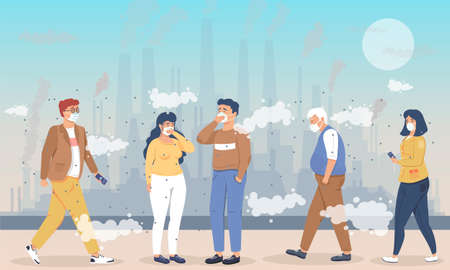 Group of people wearing face masks for pollutionのイラスト素材