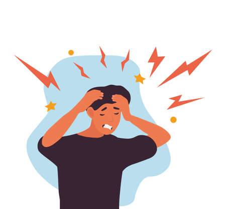 Caucasian Man with a morning migraine clutching his headのイラスト素材