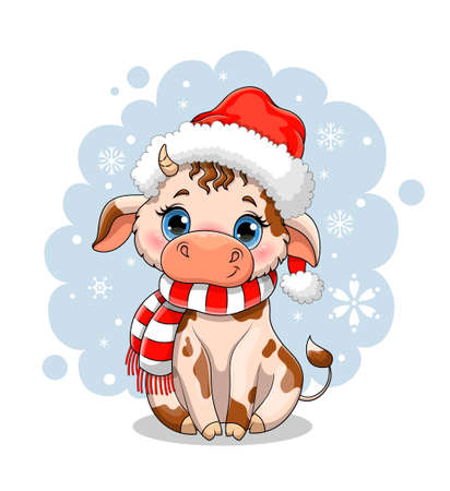 Cute little cartoon cow in winter snowのイラスト素材