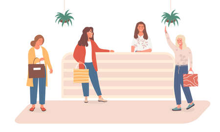 Happy women standing near the cashiers counterのイラスト素材