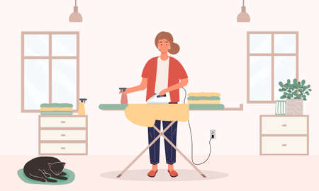 Young woman Ironing clothesのイラスト素材