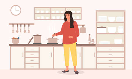 Young woman preparing food in the kitchenのイラスト素材