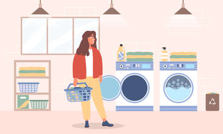 Young woman washes clothes in the Laundry roomのイラスト素材