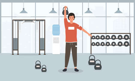 A young fit man lifts a kettlebell in the gymのイラスト素材