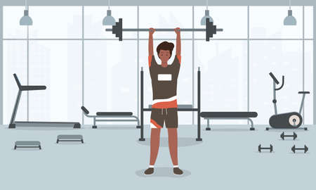 A young fit man lifts a barbell in the gym.のイラスト素材