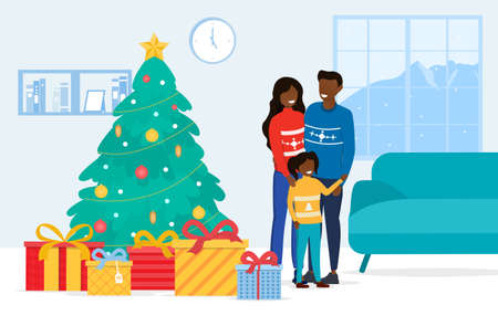 Happy family standing near the Christmas treeのイラスト素材