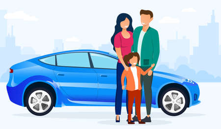 Happy young family mom dad and daughter standingのイラスト素材