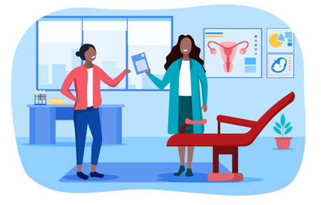 A young woman and a doctor are standing in the office. The gynecologist sends the patient a printout with the results of the medical examination. Flat vector illustrationのイラスト素材
