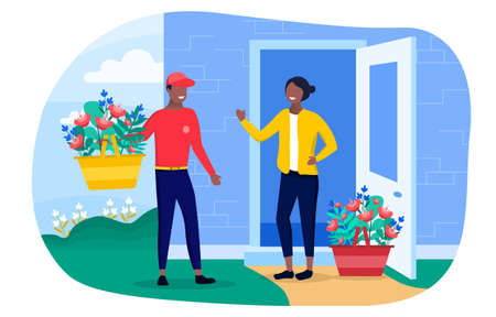 A courier delivering a beautiful basket of flowersのイラスト素材
