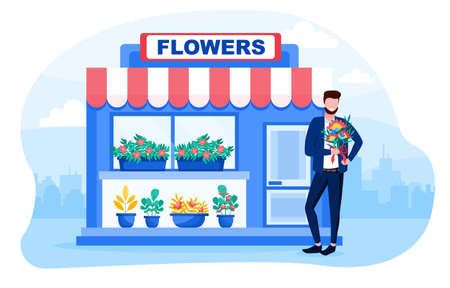 A young man standing with a bouquet of flowersのイラスト素材
