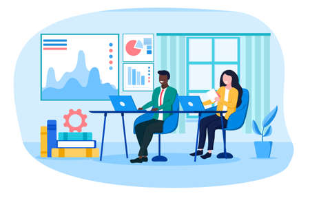 Smiling man and woman working in the officeのイラスト素材
