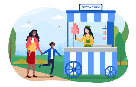 Mom and daughter buying cotton candyのイラスト素材