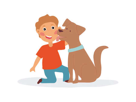 Happy boy playing with his dog.のイラスト素材