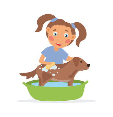 Happy little girl washing her dog.のイラスト素材