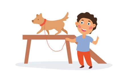 Happy boy training his dog.のイラスト素材