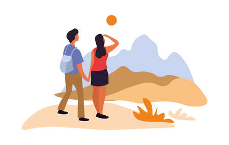 A young couple admires the mountain landscape.のイラスト素材
