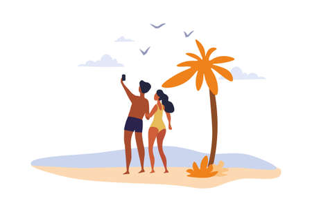 A young happy multiracial couple takes a selfieのイラスト素材