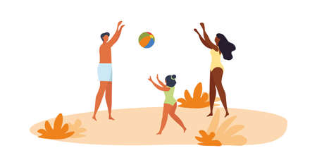 Happy young family playing volleyball on the beachのイラスト素材