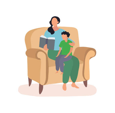 Mother and son sitting in a chair reading a bookのイラスト素材