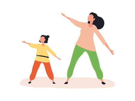 Mom and daughter performing sports exercises togetherのイラスト素材
