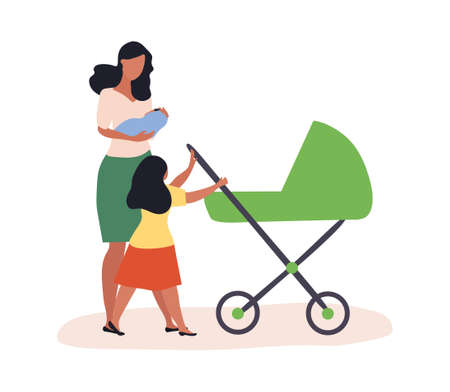 A woman walking with a child in her armsのイラスト素材