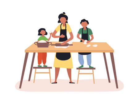 Mom and her kids boy and girl cookingのイラスト素材