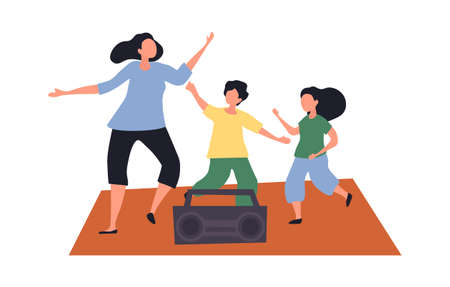 Mom and kids boy and girl dancing togetherのイラスト素材