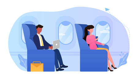 Young Business Man Sitting in Comfortable Airplaneのイラスト素材