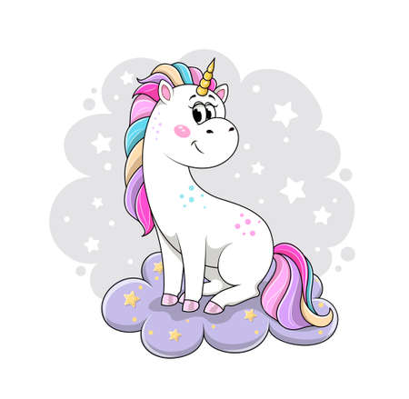 Cute cartoon unicorn on cloudのイラスト素材