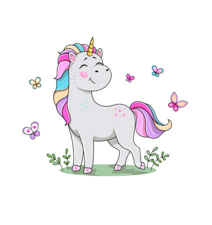 Cute cartoon unicorn standing in the meadowのイラスト素材