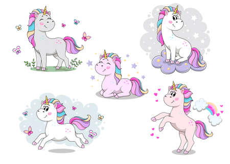Set of cute cartoon vector unicornsのイラスト素材